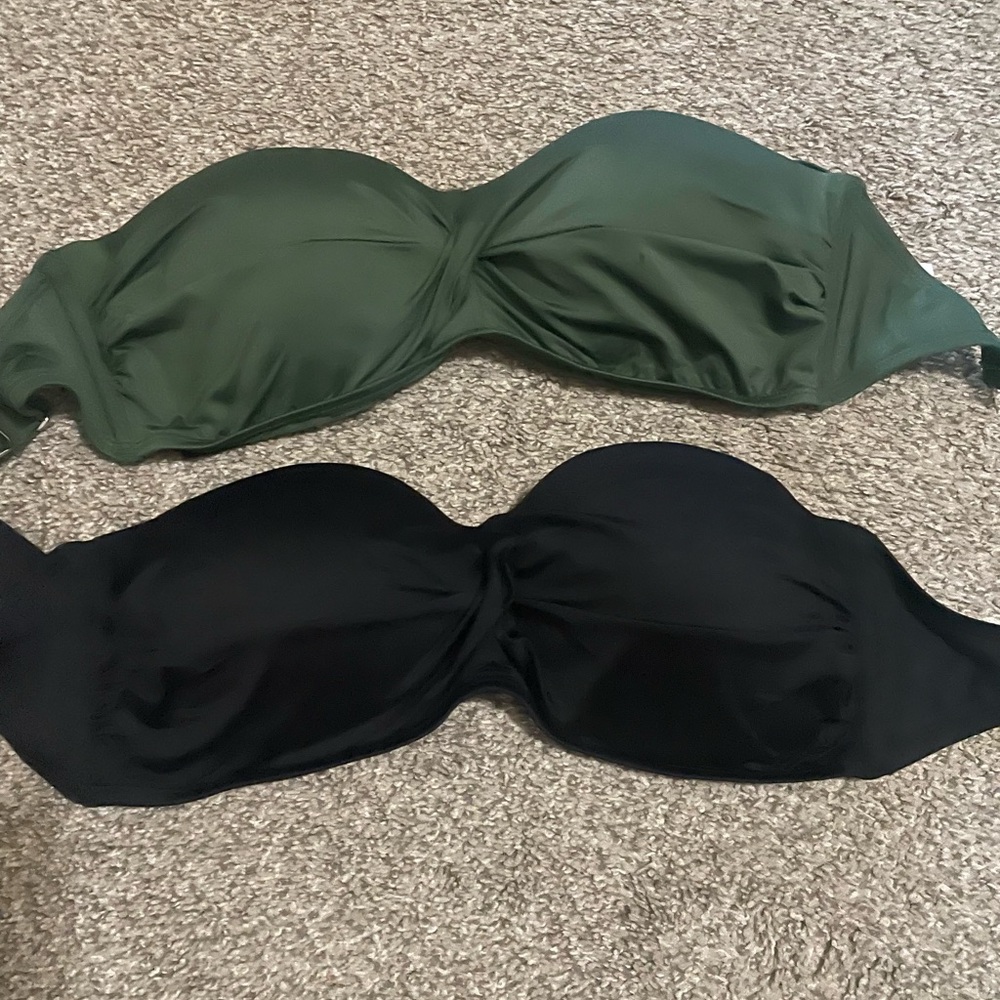 2 Kona Sol Twist Bandeau Strapless Bikin Swim Tops. Green and Black.D/DD